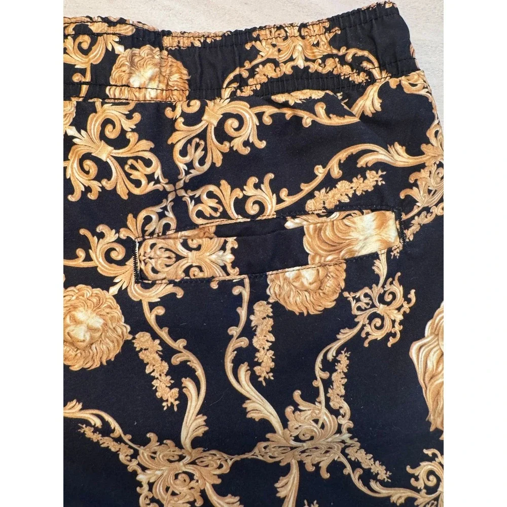 Surf Society Swim Trunks Mens M Black Gold Baroque Lion Print Mesh Lined Shorts